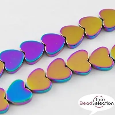 PREMIUM QUALITY RAINBOW FLAT HEART HEMATITE BEADS 6mm HEM26 • £2.89