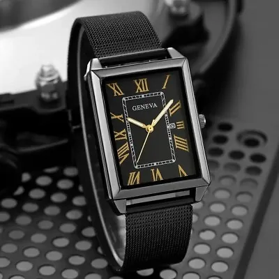 Gents Rectangle Face Date Roman Numerals Black Steel Mesh Strap Watch • £9.99