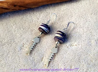 WAMPUM Native American PURPLE QUAHOG SHELL Sterling Silver FISH BONE Earrings • $45