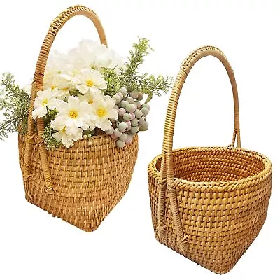 2 Pack Round Handwoven Rattan Hand Basket With HandleSqure Bottom Type Decor... • $106.33