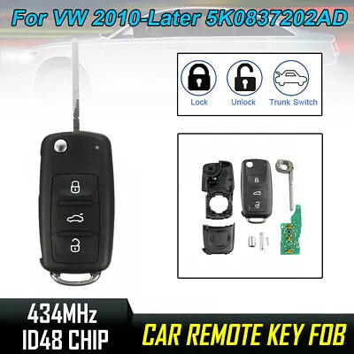 $8.29 • Buy 3 Button Folding Flip Remote Key 434MHz ID48 Chip For VW 2010-UP 5K0837202AD SU