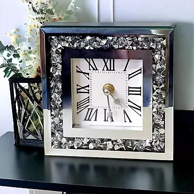 SERENA'S Square Crushed Diamante Mantle Clock Glass Mirrored Desk Table Clock El • £14.99