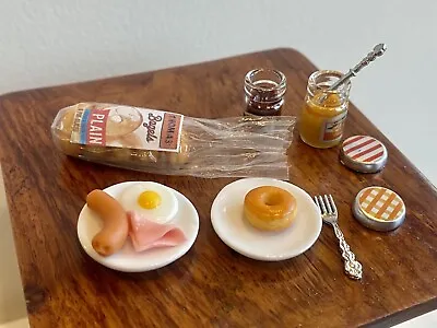 10pcs 1:12 Handmade Breakfast Toast Bagel Jam Egg Ham Plate Miniature Dollhouse • $12.99