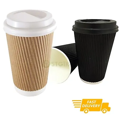 Disposable Coffee Cups Insulated Ripple Paper Cardboard Brown Black 3ply Hot Tea • £11.99