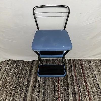 MCM Vintage Cosco Kitchen Step Stool Chair Flip Up Seat Retro Blue • $69