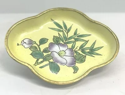 Vintage Small Yellow Enameled Metal Trinket Coin Dish Purple Flowers • $22