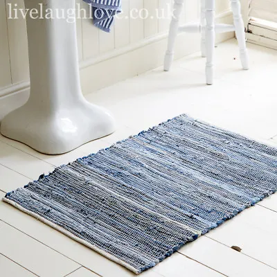 60 X 90cm Decorative Blue Denim 100% Cotton Rag Rug - Straight Stitching • £14.95