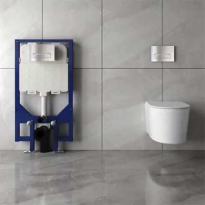 Rimless Wall Hung Toilet UF Slim Soft Close Seat & 1.14M Concealed Cistern Frame • £249.74