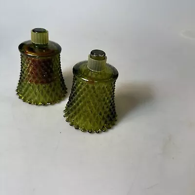 Set Of 2 Vintage Avocado Green Glass Diamond Point Peg Votive Candle Holders • $9.99