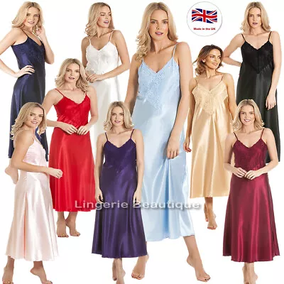 £18.99 • Buy Ladies Satin & Lace Long Strappy Chemise Negligee Nightdress Nightie Size 10-28