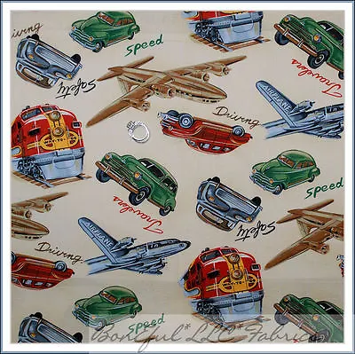 BonEful Fabric FQ Cotton Quilt VTG Tan Antique L Airplane Train Woody Car Travel • $6.47