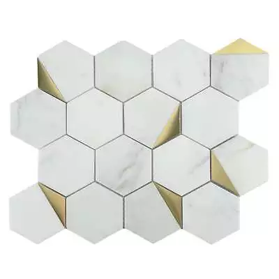 White Calacatta Gold Marble With Gold Metal 3  Hexagon Mosaic Tile Backsplash • $25.99