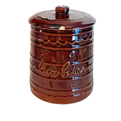 Marcrest Stoneware  9” Brown Retro Cookie Jar Crock Daisy Dot USA Chip On Lid • $24.95