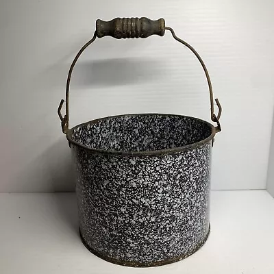 Antique Black White Speckled Small 5” X 6” Wooden Handled Pail/ Bucket Decor • $17.49