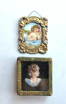 2Pc Miniature Antique Dollhouse Wall Decor  Shadowbox Cameo & Framed Angel • $4.99