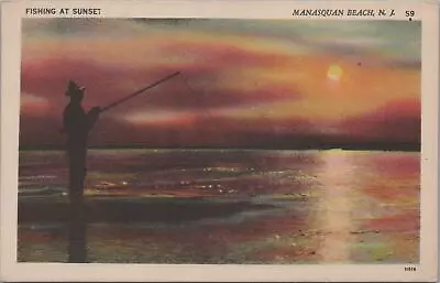 Postcard Fishing At Sunset Manasquan Beach NJ  • $20.01