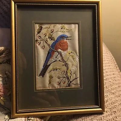 Vintage Embroidery Woven On Silk Eastern Bluebird Picture • £16