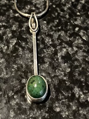 Vintage Sterling Silver Malachite Modernist Pendant 1.5” Chain 18” Necklace #760 • $29