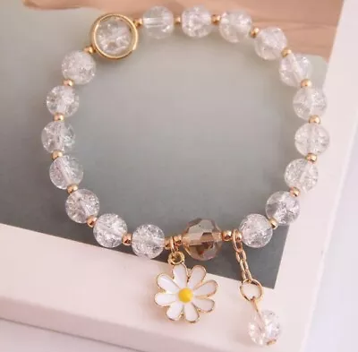 Women's Girls Gold Beaded Daisy White Bracelet Bangle Y2k Streetwear Gift • £1.65