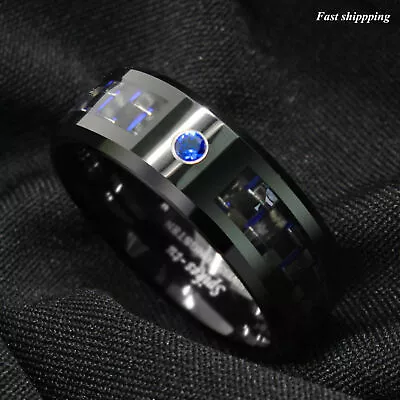 Black And Blue Carbon Fiber Tungsten Ring Blue Diamond Mens Jewelry Wedding Band • $20.89