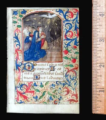 $2400 • Buy C. 1500 MEDIEVAL BOOK OF HOURS LEAF, FRANCE, PENTECOST ILLUMINATED MINIATURE