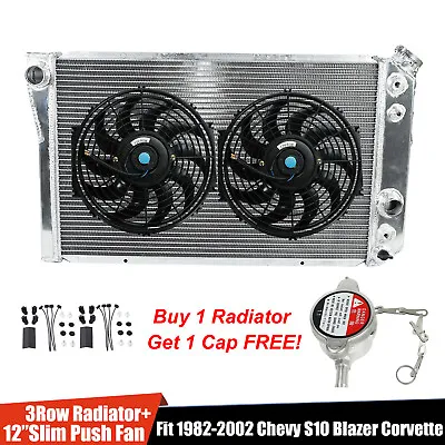 Aluminum 3Row Radiator+2X 12 Slim Fan For 1984-1990 Chevy S10 Blazer Corvette V8 • $133.99