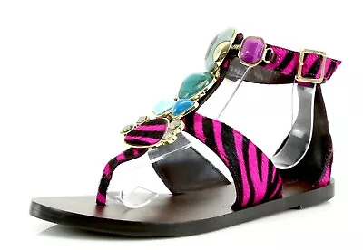 Miss Trish Stoned Real Cow Fur Zebra Print Ankle Strap Flat Sandals Pink 6M • $34.99