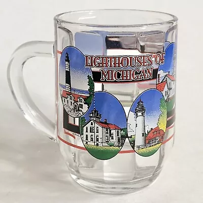 Lighthouses Of Michigan Printed Glass Mug Souvenir Cup 4” Handle 8 USA 44 • $14.39