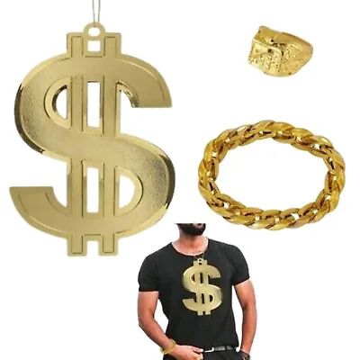 3PcsGangster Gold Dollar Chain Bracelet & Ring Hip Hop Rapper Halloween Costume • £7.55