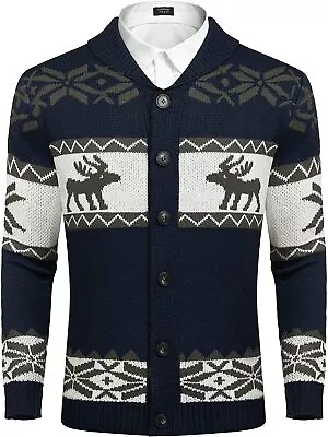 COOFANDY Mens Christmas Cardigan Sweater Shawl Collar Knitted Xmas Cardigans But • $82.94