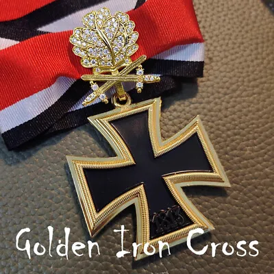 Wwii German Golden Iron Cross Medal Oak Leaf Swords Diamonds Badge W Box • £33.47