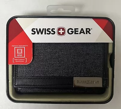 $10 • Buy Swiss Gear Men's RFID Wallet - Gray Denim W/ Black Leather Trim - BRAND NEW!