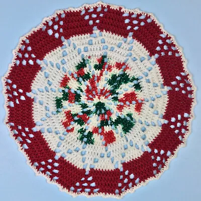 Vintage Christmas Knit Doily 19  Round Handmade Crochet Green Red White • $17.87