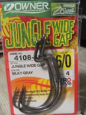 4 Owner 4108-166 Jungle Wide Gap Fish Hooks Size 6/0 Silky Gray Finish • $8.96