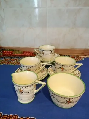 Art Deco T.F & S Ltd Phoenix Ware Green Flower 2 Tea Cups/sa Milk Jug Sugar Bowl • £10