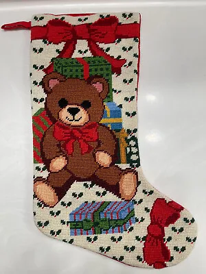 Vintage Needlepoint Christmas Stocking Teddy Bear • $30