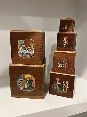 Vintage Children's Nesting Blocks Boxes Wooden Nursery Rhyme Motif German Made • $25