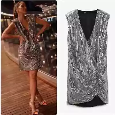 $49.99 • Buy NWT ZARA Surplice Neck Ruched Side Silver Sequin Mini Dress S