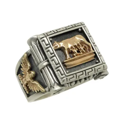 $309 • Buy Solid Gold 10K & Sterling Silver SPQR Eagle Roman Capitoline Wolf Men Ring 