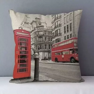 LONDON RED BUS & PHONE BOX Cushion Cover 45 X 45cm RETRO Pillow GIFT Home Decor • £8.99