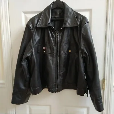 Vintage Paulines Crew USA Black Leather Motorcycle Police Jacket Size 46 XL • $225