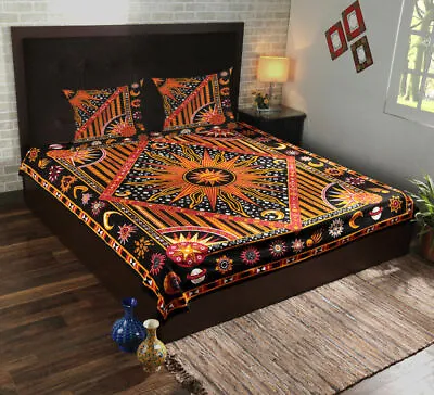 Indian Ethnic Sun Moon Print Bed Sheet Cover Queen Size Bedspread With 2 Pillows • $40.19