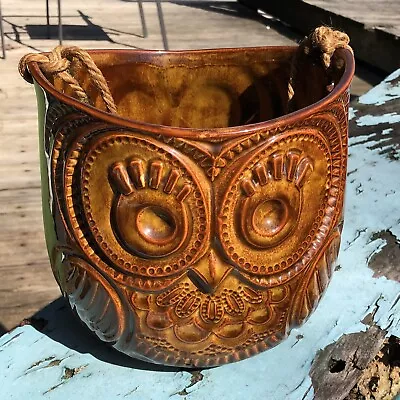 Vintage McCoy Owl Hanging Planter With Rope Brown MCM BOHO - Original Price Tag • $199.99