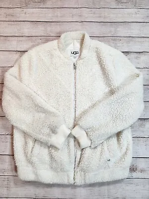 UGG Australia Women Large Cozy Soft Sherpa Bomber Teddy Full Zip Jacket Cream • $49.50
