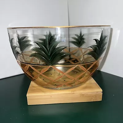 Crystal Clear Pineapple Bowl 11  Mouthblown Hand Painted Glass 22K Gold Romania • $29.99