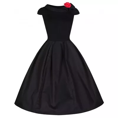 Black 1950s Swing Dress Lindy Bop With Red Flower Brooch Flared BNWT Size 10 • £30.49