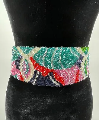 Vintage La Mendola Agosto Mod Art Hand Beaded Multicolor Pure Silk Chiffon Belt • $149.99