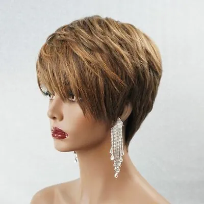Women Brown Blonde Human Hair Wigs No Lace Soft Short Pixie Cut Wigs Daily Wear • $29.44