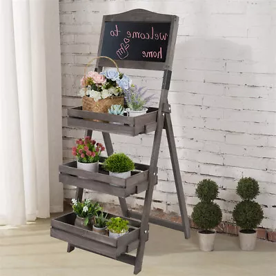 Folding Ladder 3 Tier Plant Stand Garden Flower Pot Holder Shelf With Chalkboard • $51.91