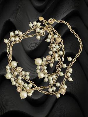 J Crew Gold Tone Faux Pearl Dangle Long Necklace 36  Clusters Preppy Retro • $29